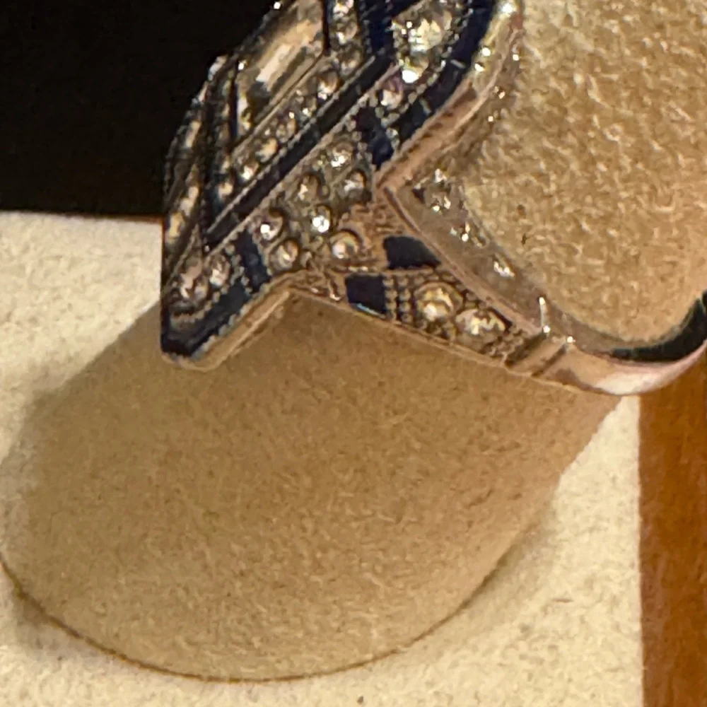 Silver tone art deco style blue enamel  & clear rhinestone ring